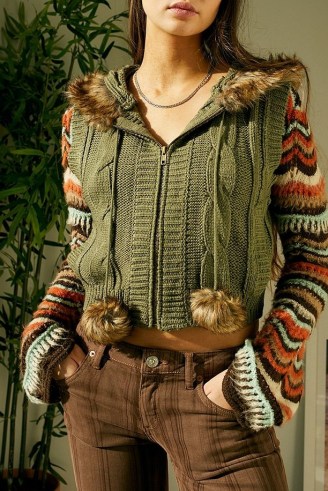 UO Pom Pom Gilet in Khaki ~ green knitted faux fur trim gilets ~ women’s fashion from urban outfitters