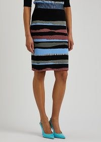 DIANE VON FURSTENBERG Shira striped knitted skirt | stripe patterned knee length skirts | women’s knitwear fashion | abstract stripes
