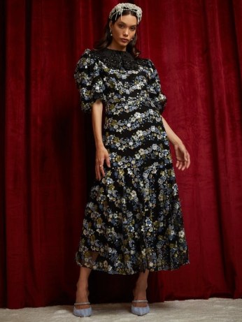 sister jane DREAM Podium Sequin Midi Dress Black and Navy / sequinned romantic style floral dresses - flipped