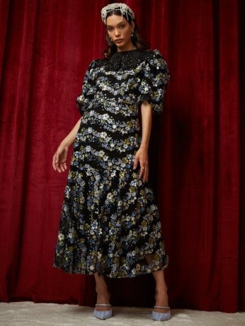 sister jane DREAM Podium Sequin Midi Dress Black and Navy / sequinned romantic style floral dresses