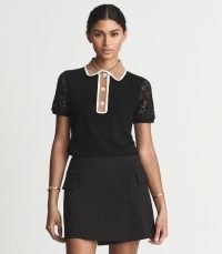 REISS ELIZA LACE BACK POLO BLACK ~ womens luxe style casual short sleeve collared tops