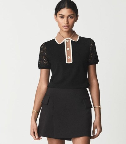 REISS ELIZA LACE BACK POLO BLACK ~ womens luxe style casual short sleeve collared tops - flipped