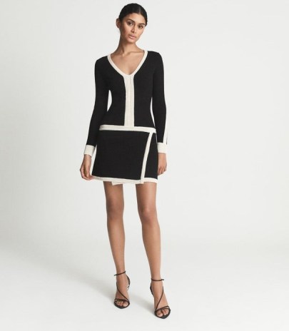 REISS ELLIE COLOUR BLOCK KNITTED DRESS BLACK ~ contrast trim dresses ~ asymmetric fashion