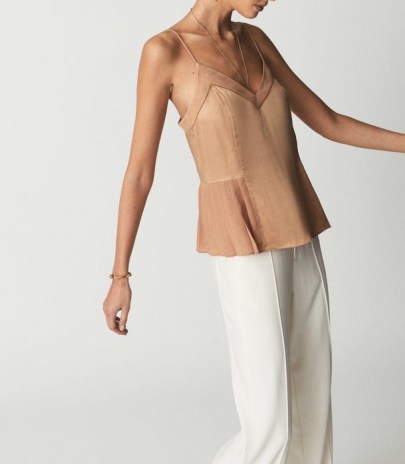 REISS ELODIE WOVEN SATIN CAMI TOP NUDE ~ luxe camisole tops ~ feminine spaghetti strap camisoles - flipped