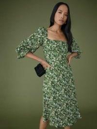 Reformation Enid Dress in Autumnal – green floral long sleeve fitted bodice midi dresses