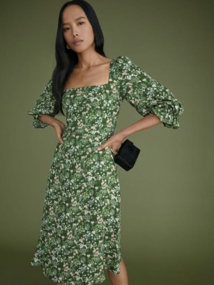 Reformation Enid Dress in Autumnal – green floral long sleeve fitted bodice midi dresses - flipped