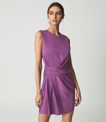 REISS ESSIE FITTED SHIFT MINI DRESS PURPLE ~ sleeveless gathered waist evening occasion dresses ~ elegant party fashion - flipped