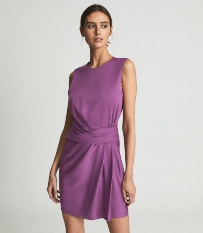 REISS ESSIE FITTED SHIFT MINI DRESS PURPLE ~ sleeveless gathered waist evening occasion dresses ~ elegant party fashion