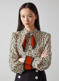L.K. BENNETT FERRY CREAM AND BLACK SILK FRUITY FLORAL PRINT BLOUSE ~ printed tie neck blouses ~ fruit prints on fashion