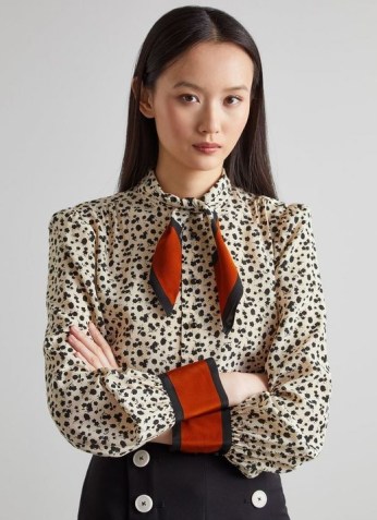 L.K. BENNETT FERRY CREAM AND BLACK SILK FRUITY FLORAL PRINT BLOUSE ~ printed tie neck blouses ~ fruit prints on fashion - flipped