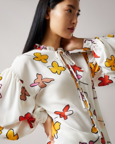 TED BAKER THURSO Floral Print Blouse / feminine balloon sleeve floral print blouses / frill and tie neck detail tops - flipped