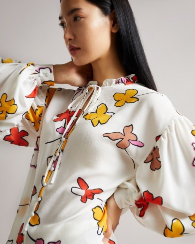 TED BAKER THURSO Floral Print Blouse / feminine balloon sleeve floral print blouses / frill and tie neck detail tops