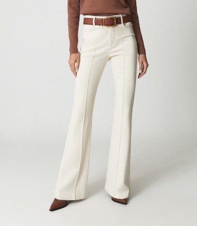 REISS FLORENCE HIGH RISE FLARED TROUSERS CREAM ~ womens chic 70s style flares ~ women’s 1970s vintage inspired fashion - flipped