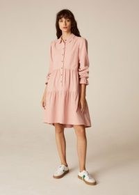 Fluid Corduroy Short Swing Dress in Dusted Rose – womens cord fashion – pink tiered dresses – point collar – collared – relaxed oversized fit – me and em clothing