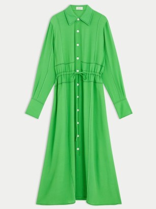 JIGSAW Fluid Drawcord Shirt Dress Green – bright long sleeve tie waist collared dresses - flipped