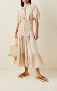 Significant Other Freya Smocked Checkered Woven Midi Dress in neutral | puff sleeve high neck tiered hem dresses | romantic boho summer fashion