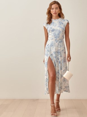 Reformation Gavin Dress in Teacup – cap sleeve floral print thigh high split hem midi dresses