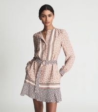REISS GEORGIE PRINTED BELTED MIDI DRESS CORAL ~ long sleeve mixed print flippy hem dresses ~ feminine style fashion
