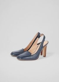 L.K. BENNETT GEORGIE NAVY LEATHER SLINGBACK COURTS ~ dark blue loafer style slingbacks ~ high wooden stacked heels