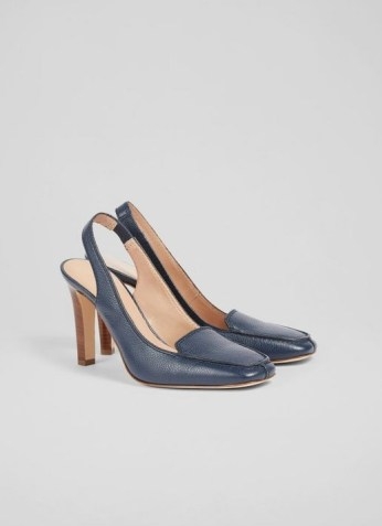 L.K. BENNETT GEORGIE NAVY LEATHER SLINGBACK COURTS ~ dark blue loafer style slingbacks ~ high wooden stacked heels - flipped