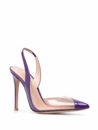 Gianvito Rossi 150mm pointed-toe transparent panel pumps in orchid purple – high stiletto heel slingback courts – clear designer court shoes – sharp pointed slingbacks