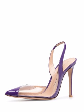 Gianvito Rossi 150mm pointed-toe transparent panel pumps in orchid purple – high stiletto heel slingback courts – clear designer court shoes – sharp pointed slingbacks - flipped