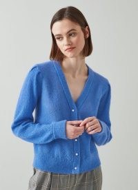 L.K. BENNETT GINNY BLUE MOHAIR-BLEND CARDIGAN ~ soft and fluffy V-neck pearl button cardigans