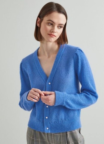 L.K. BENNETT GINNY BLUE MOHAIR-BLEND CARDIGAN ~ soft and fluffy V-neck pearl button cardigans - flipped