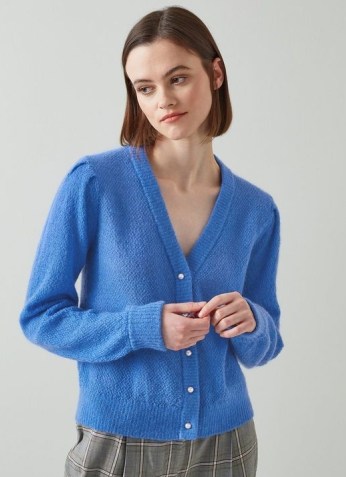 L.K. BENNETT GINNY BLUE MOHAIR-BLEND CARDIGAN ~ soft and fluffy V-neck pearl button cardigans