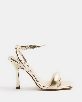 RIVER ISLAND GOLD PADDED HEELED SANDALS ~ metallic square toe ankle strap high heels ~ glam party shoes - flipped