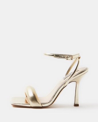 RIVER ISLAND GOLD PADDED HEELED SANDALS ~ metallic square toe ankle strap high heels ~ glam party shoes