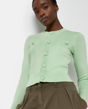 River Island GREEN BUTTON DETAIL RIBBED CROPPED CARDIGAN | women’s crop hem cardigans - flipped