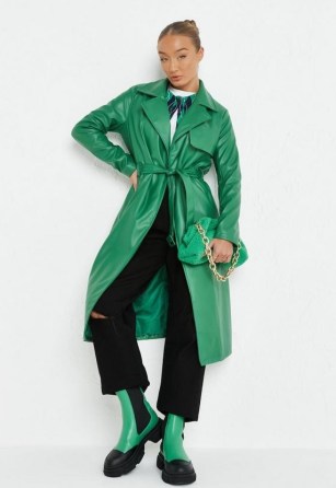 MISSGUIDED green faux leather trench coat ~ womens trendy tie waist belted coats - flipped