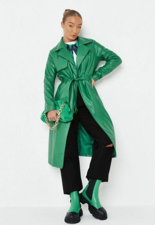 MISSGUIDED green faux leather trench coat ~ womens trendy tie waist belted coats