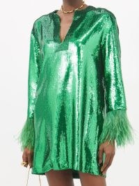 VALENTINO Feather-trimmed green sequinned silk mini dress ~ high octane evening glamour ~ glamorous sequin covered party dresses ~ womens designer occasion fashion