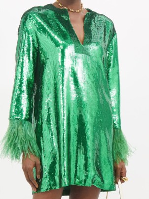 VALENTINO Feather-trimmed green sequinned silk mini dress ~ high octane evening glamour ~ glamorous sequin covered party dresses ~ womens designer occasion fashion - flipped