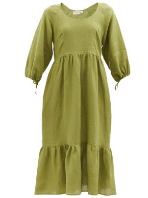 CASA RAKI Flavia green organic-linen midi dress ~ tiered summer dresses ~ effortless summer style