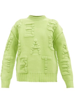 BOTTEGA VENETA Logo letter-jacquard chenille sweater in green – women’s chunky drop shoulder jumpers - flipped