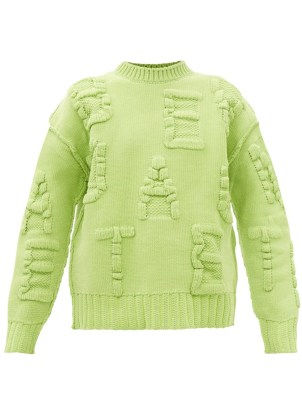BOTTEGA VENETA Logo letter-jacquard chenille sweater in green – women’s chunky drop shoulder jumpers