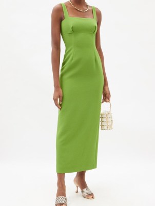 EMILIA WICKSTEAD Magdalina green square-neck double-crepe midi dress ~ sleeveless fitted bodice occasion dresses - flipped