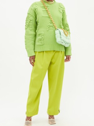 BOTTEGA VENETA Pleated wool trousers in Green – women’s lime coloured wide leg fluid trousers - flipped