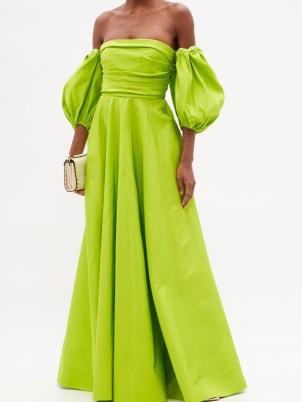 VALENTINO Puff-sleeve off-the-shoulder silk-dupioni gown in green ~ lime coloured bardot gowns with balloon sleeves ~ romantic style event dresses - flipped