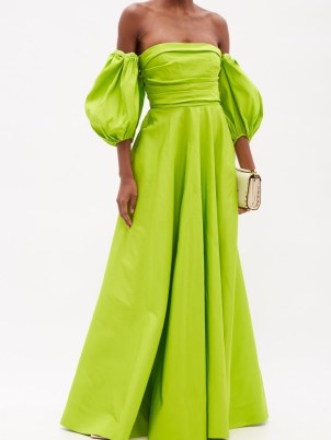 VALENTINO Puff-sleeve off-the-shoulder silk-dupioni gown in green ~ lime coloured bardot gowns with balloon sleeves ~ romantic style event dresses