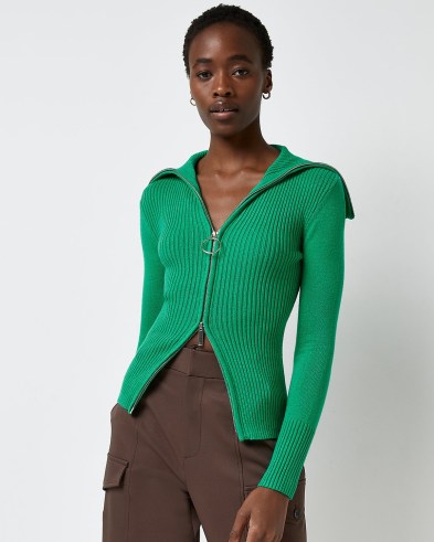 RIVER ISLAND GREEN RIBBED ZIP UP CARDIGAN - flipped