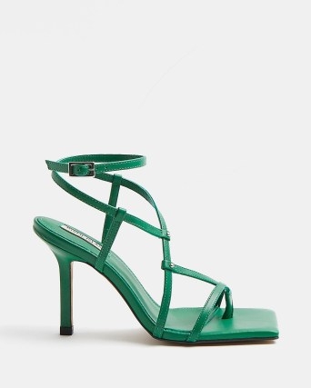 RIVER ISLAND GREEN STRAPPY HEELED SANDALS ~ square toe ankle strap high heels - flipped