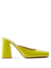 BOTTEGA VENETA Supergloss square-toe green leather mules ~ flared block patent heels