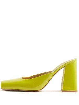 BOTTEGA VENETA Supergloss square-toe green leather mules ~ flared block patent heels - flipped