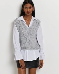 River Island GREY CHUNKY CABLE KNIT SHIRT JUMPER | knitted vest and blouse combo