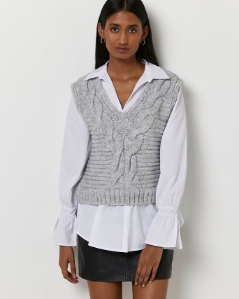 River Island GREY CHUNKY CABLE KNIT SHIRT JUMPER | knitted vest and blouse combo - flipped