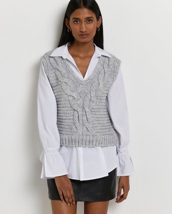 River Island GREY CHUNKY CABLE KNIT SHIRT JUMPER | knitted vest and blouse combo